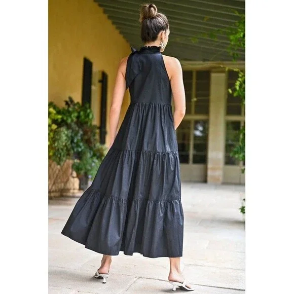 WYATT WYLDE Maxi Dress Large L Black Womens Helena Tie Neck Pockets Cotton New - Picture 2 of 13